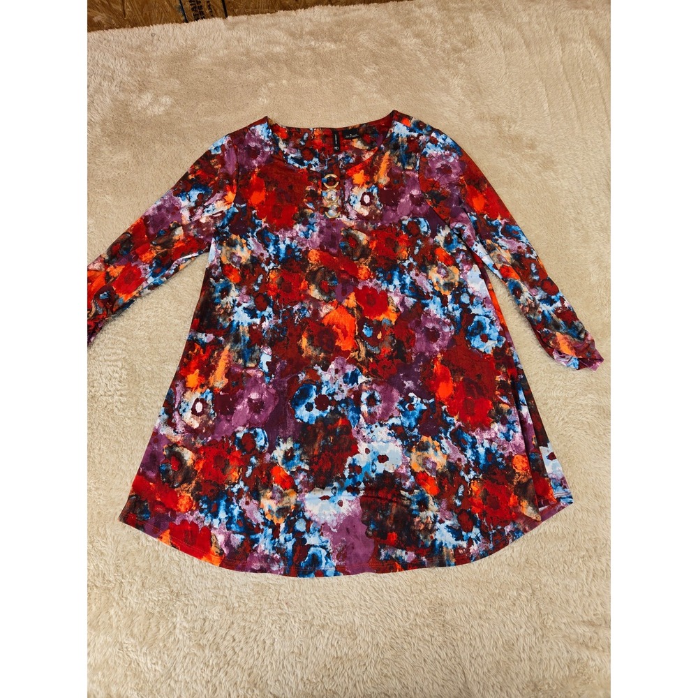 New Directions Womens Small Red Floral Abstract Tunic Blouse Ring Keyhole‎ Neck